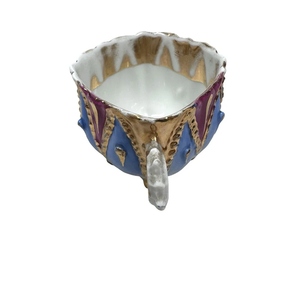 Vintage Porcelain Footed Demitasse 2 Cups Pink Blue Gold Victorian Style Lot 2